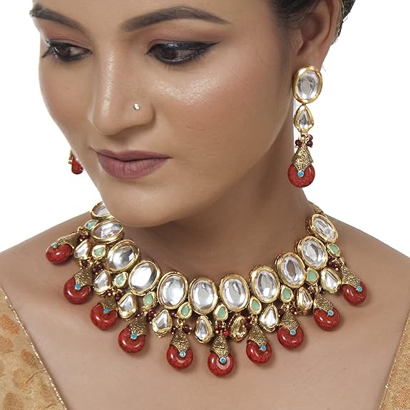 Tehzeeb Creations Back Meenakari Gold-Polished Tika Earring Jewellery Set Uncut Kundan Big Faux Kundan Dibbi Kundan Choker Necklace Set