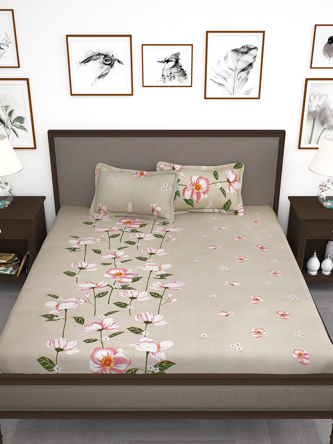 Story@home Beige & Red Floral Flat 240 TC 1 Double Bedsheet with 2 Pillow Covers