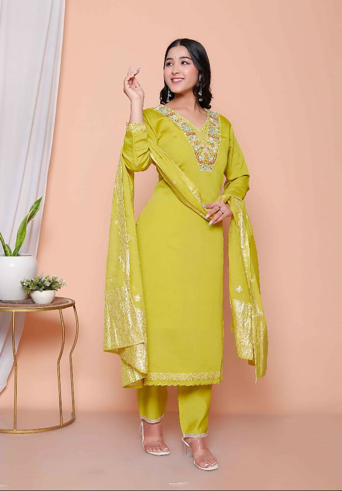 Miravan Womens Muslin Yellow Kurta And Palazzo With Dupatta Set - Distacart