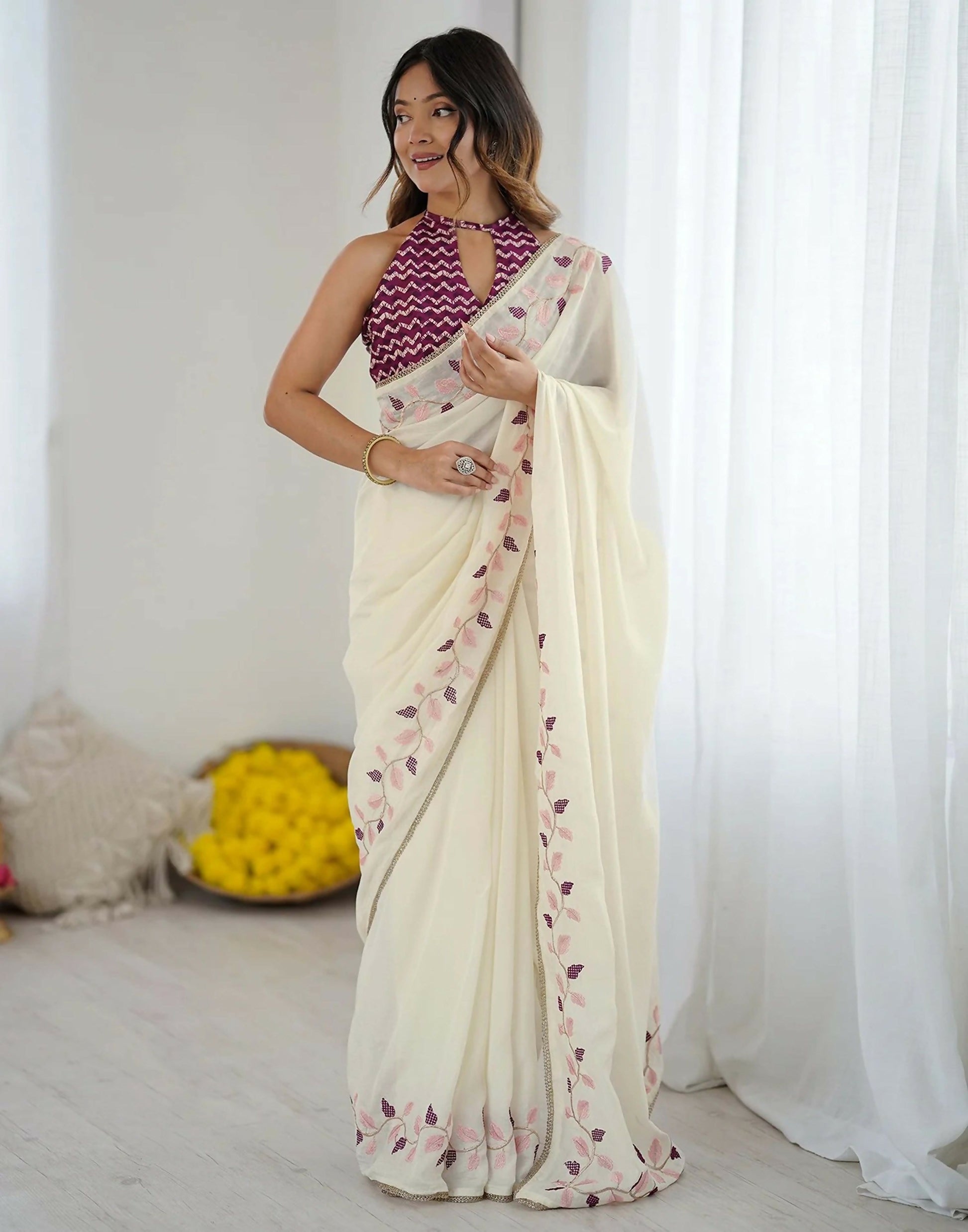 Joban Fashion Silk Off White Color Embroidery Saree - Distacart