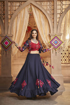 Navy Blue Viscose Rayon Thread Embroidered Work With Mirror All Over Navratri Lehenga Choli With Dupatta - Raas