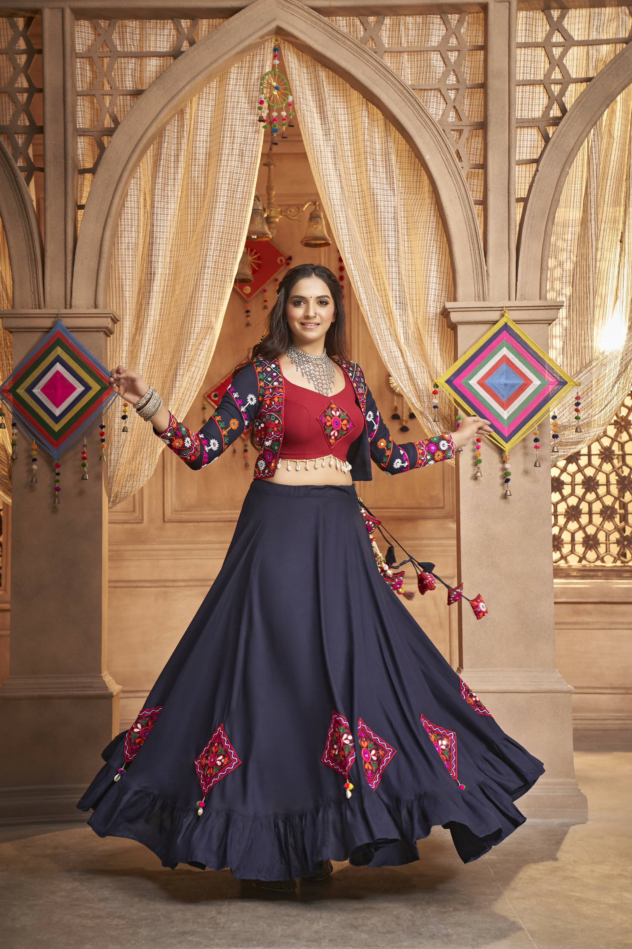 Navy Blue Viscose Rayon Thread Embroidered Work With Mirror All Over Navratri Lehenga Choli With Dupatta - Raas