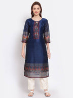 Myshka Women's Navy Blue Printed Chanderi Silk 3/4 Sleeve Round Neck Casual Kurta