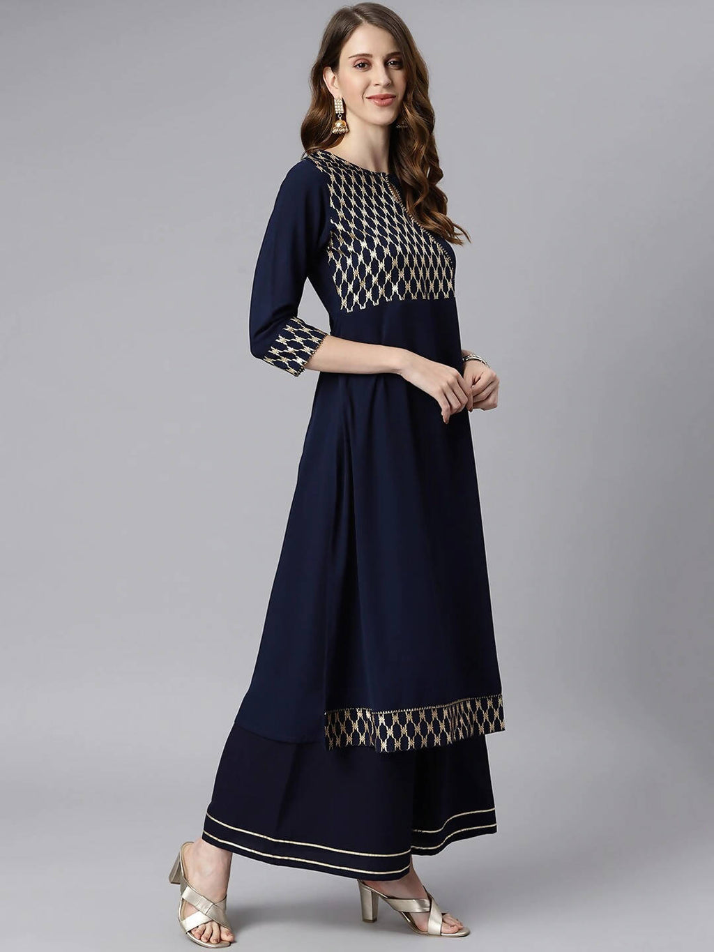 Janasya Navy Blue & Gold-Toned Printed Yoke Design Keyhole Neck Crepe Anarkali Kurta - Distacart