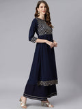 Janasya Navy Blue & Gold-Toned Printed Yoke Design Keyhole Neck Crepe Anarkali Kurta - Distacart