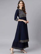 Janasya Navy Blue & Gold-Toned Printed Yoke Design Keyhole Neck Crepe Anarkali Kurta - Distacart