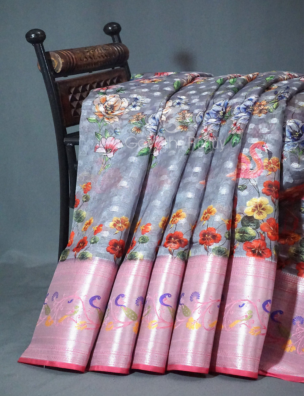 Shades of Grey Colour Floral Design Banaras Semi Silk Saree By Gayathri Reddy Designer Studio