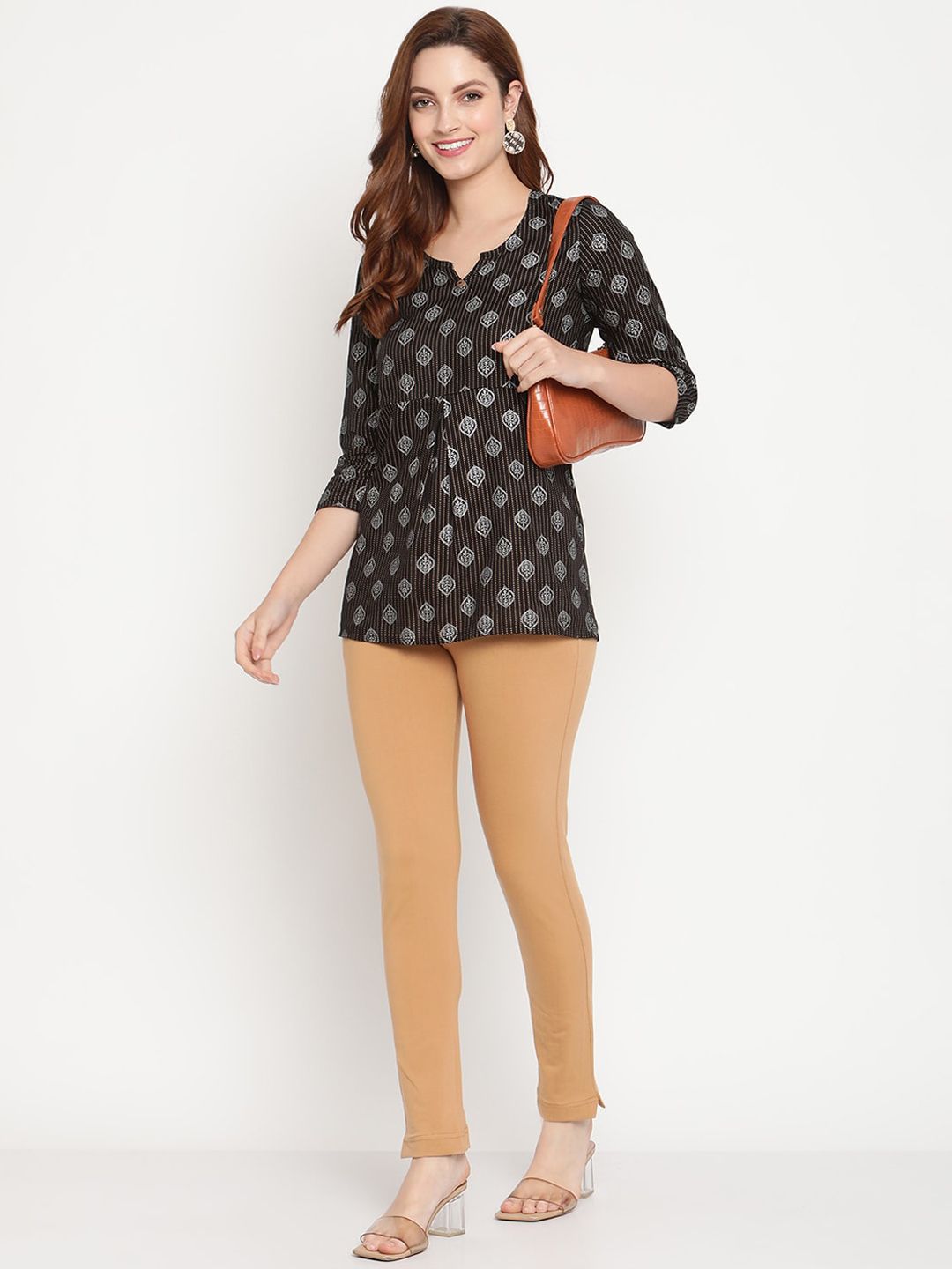 TAG 7 Set Of 2 Beige & Orange Solid Leggings