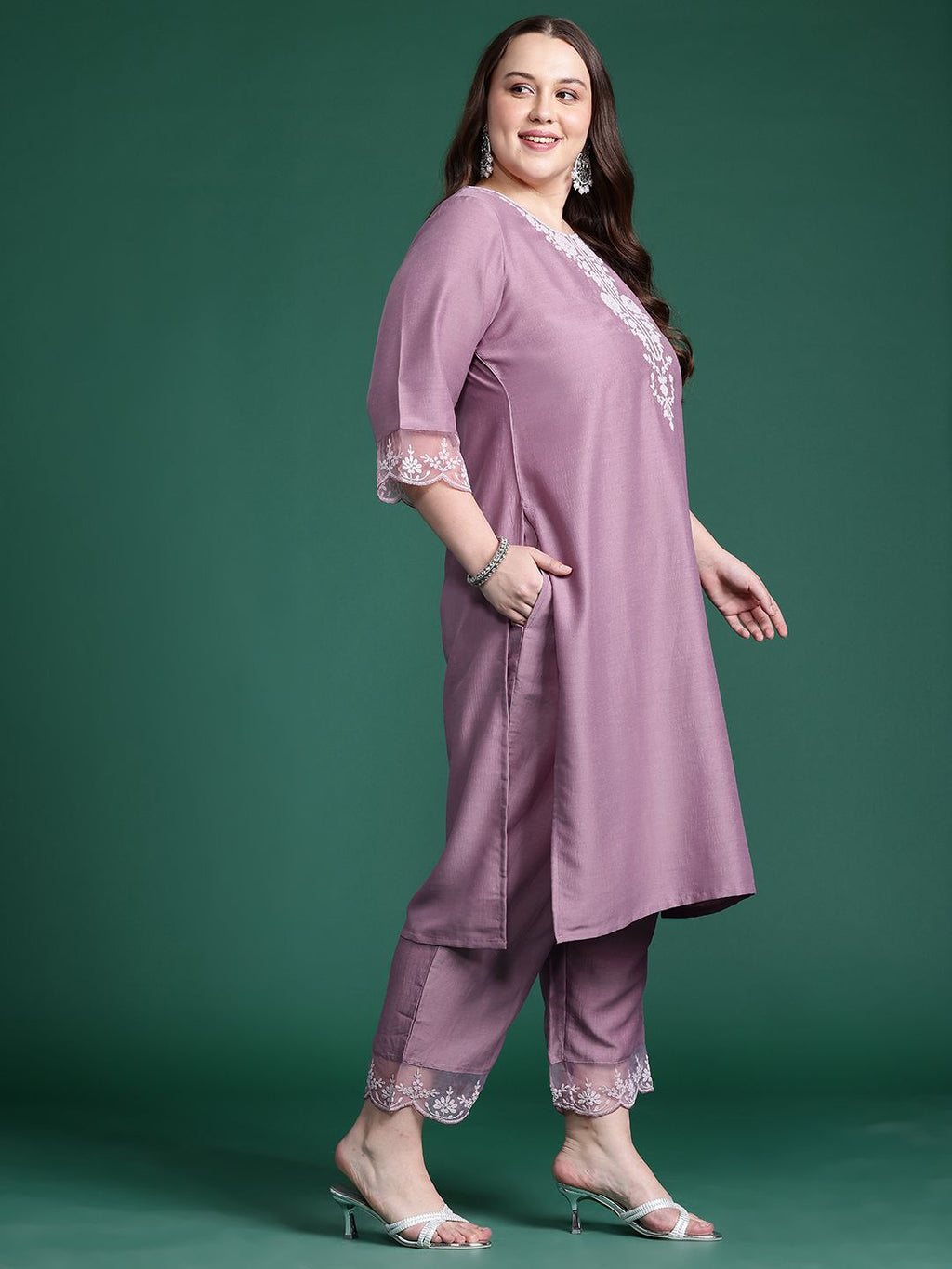 Indo Era Plus Size Floral Embroidered Thread Work Kurta With Trousers & Dupatta - Distacart