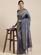 Saree Mall Navy Blue Ethnic Motifs Zari Silk Blend Banarasi Saree - Distacart