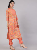 Aks Floral Printed Round Neck Pure Cotton Kurta with Trousers
