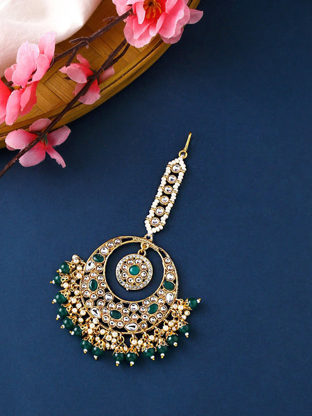 Yellow Chimes Gold-Polished White & Green Kundan-Studded & Beaded Maang Tikka