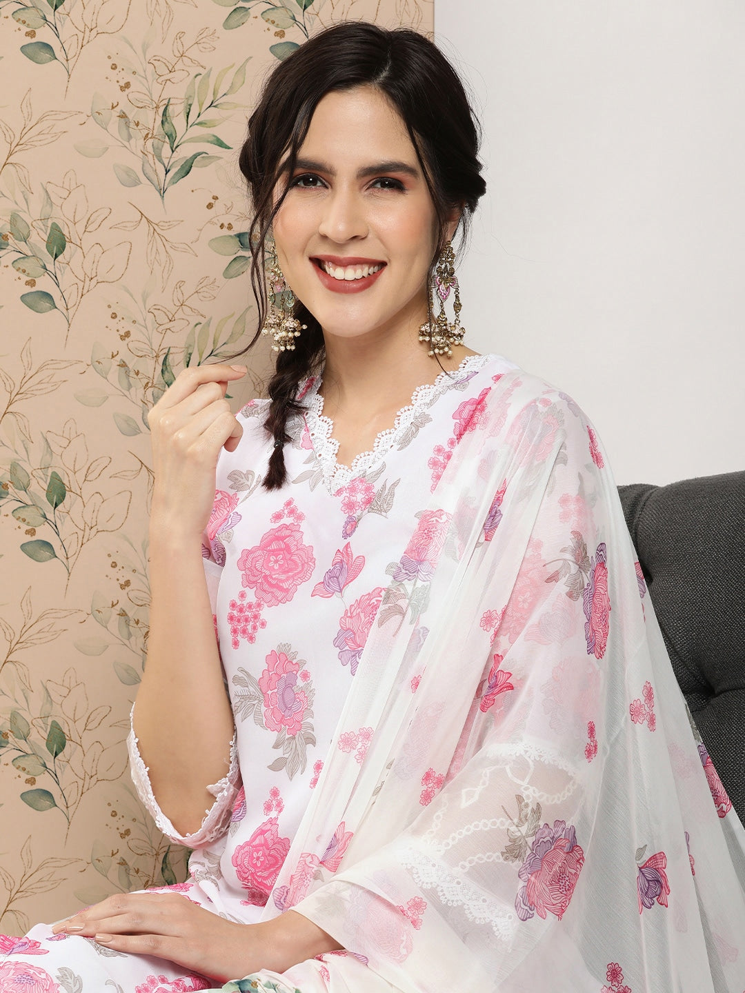 Sangria Floral Printed Regular Thread Work Kurta with Trousers & With Dupatta