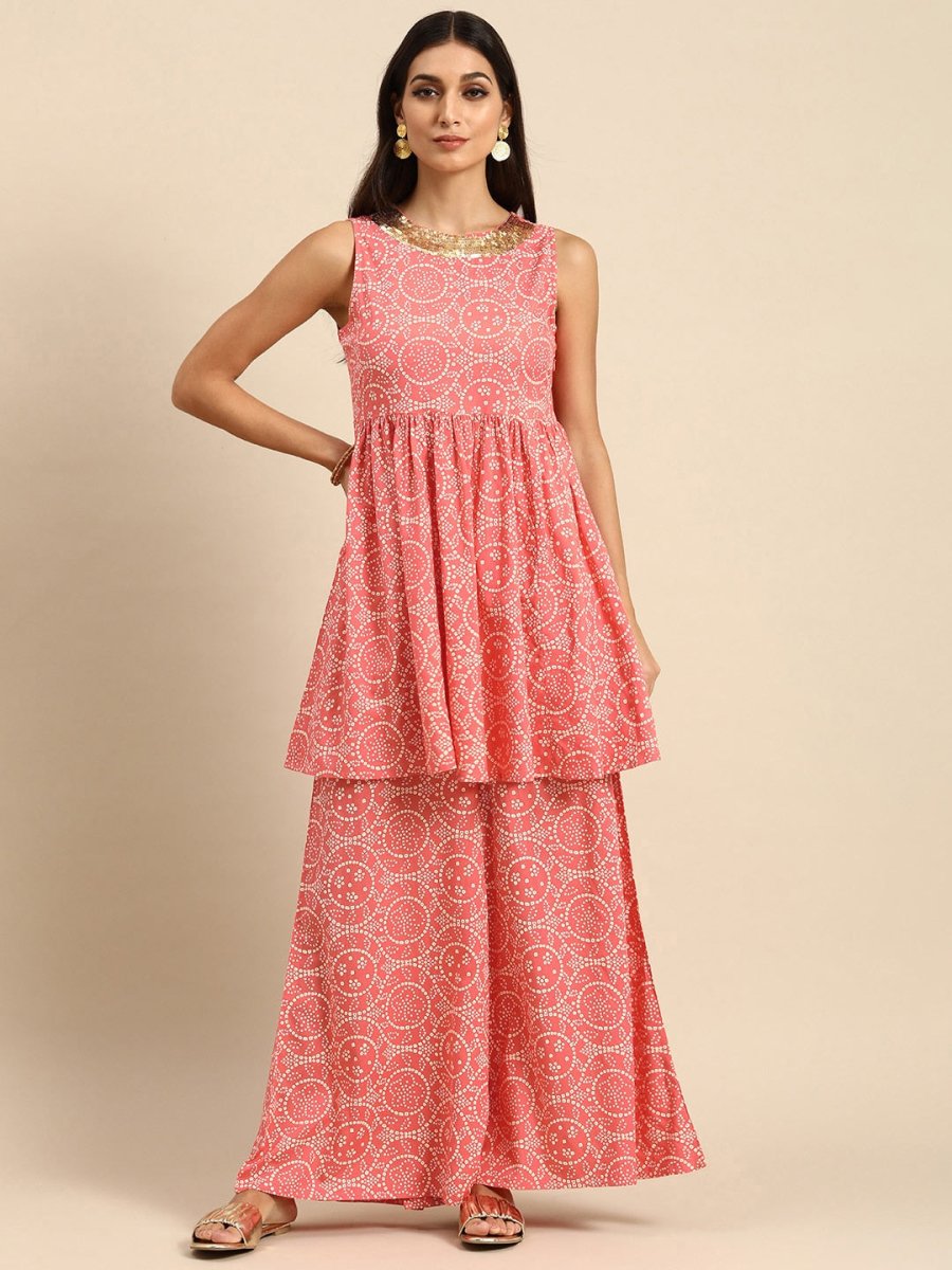 All About You Women Peach Pin & White Bandhani Print Pleated Sequinned Kurti with Palazzos
