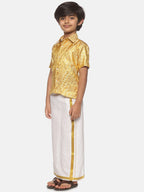 Sethukrishna Boys Gold-Toned & White Solid Shirt and Dhoti Set