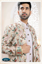 Joban Fashion Men's White Straight Silk Thread And Sequence Embroidery All Over 3 Pc Kurta Set