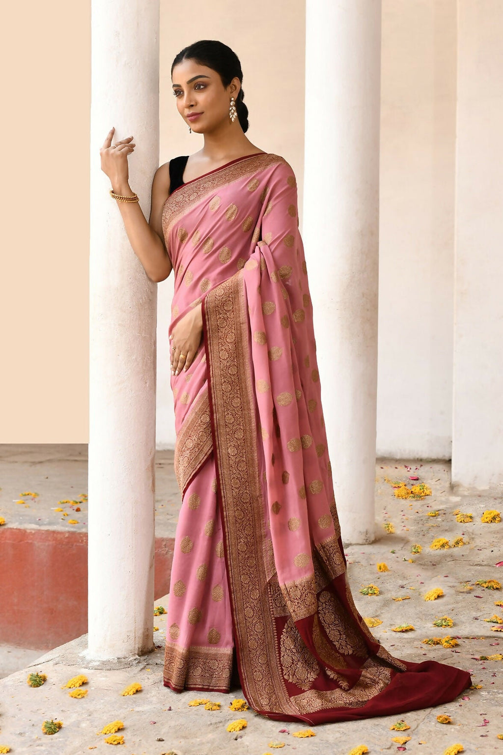 Joban Fashion Nude Pink Crepe Chiffon Pure Handloom Banarasi Silk Saree