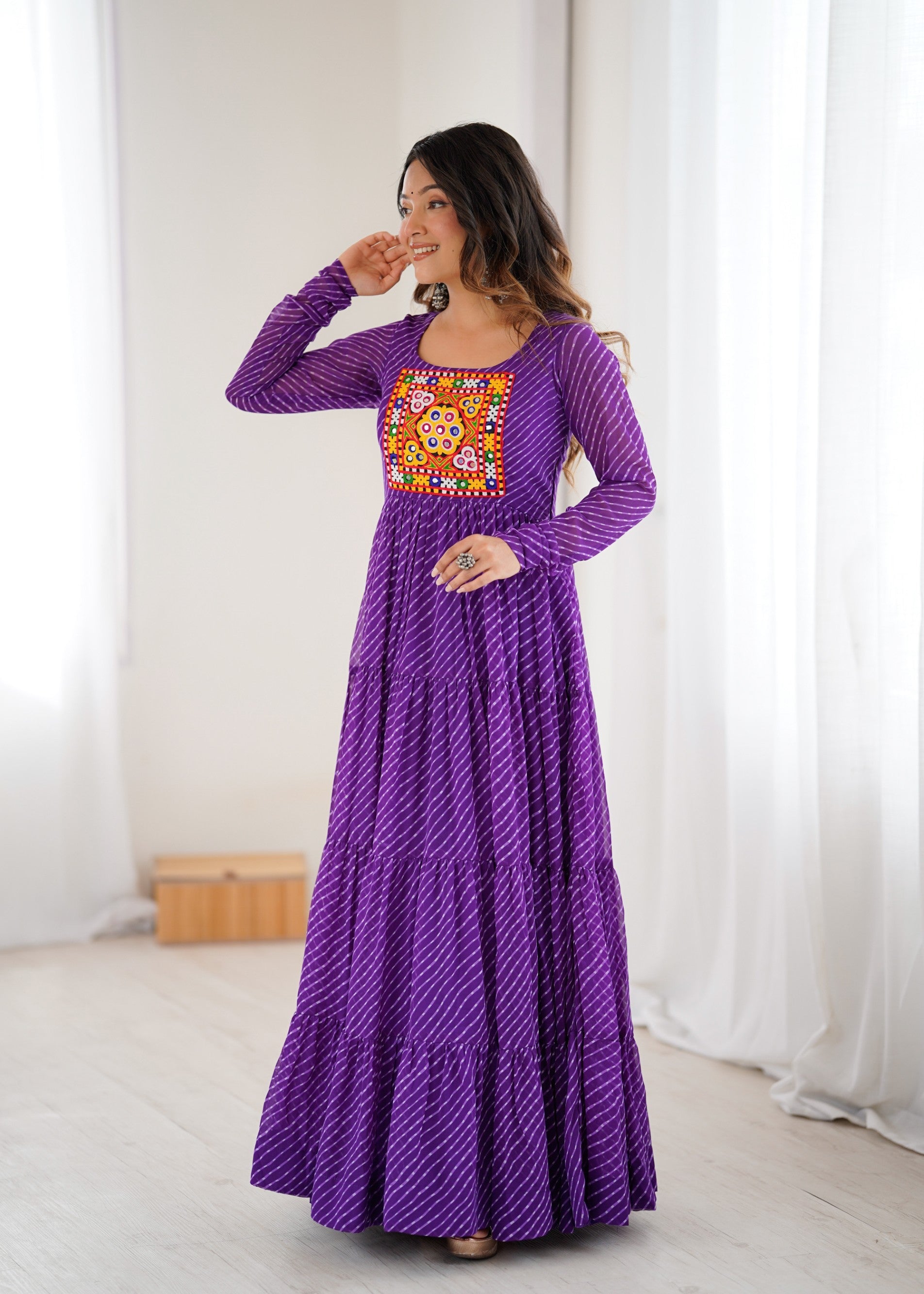 Lorenvalley Fashion Women Pure Soft Faux Georgette Leheriya Print Anarkali Gown - Distacart
