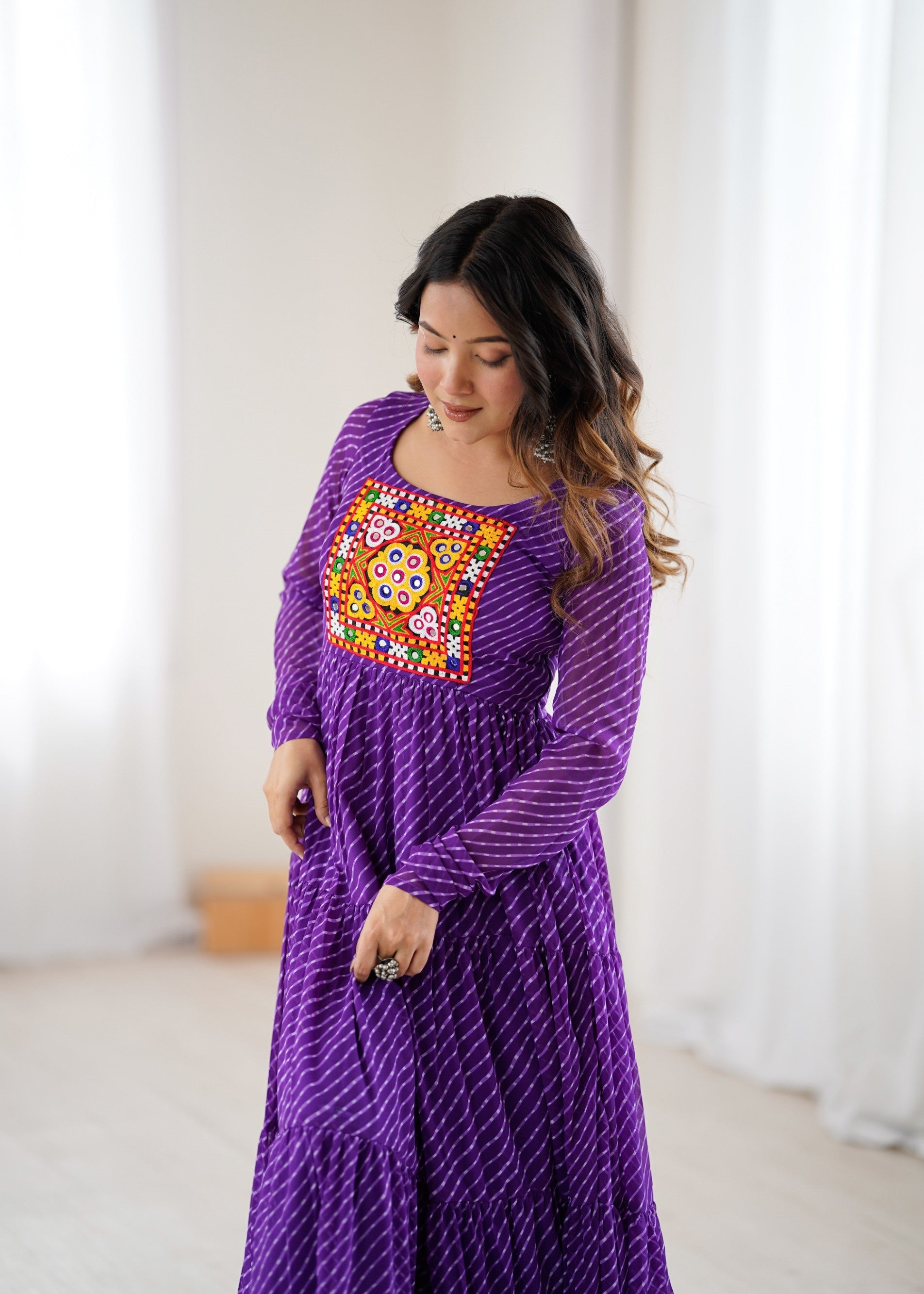 Lorenvalley Fashion Women Pure Soft Faux Georgette Leheriya Print Anarkali Gown - Distacart