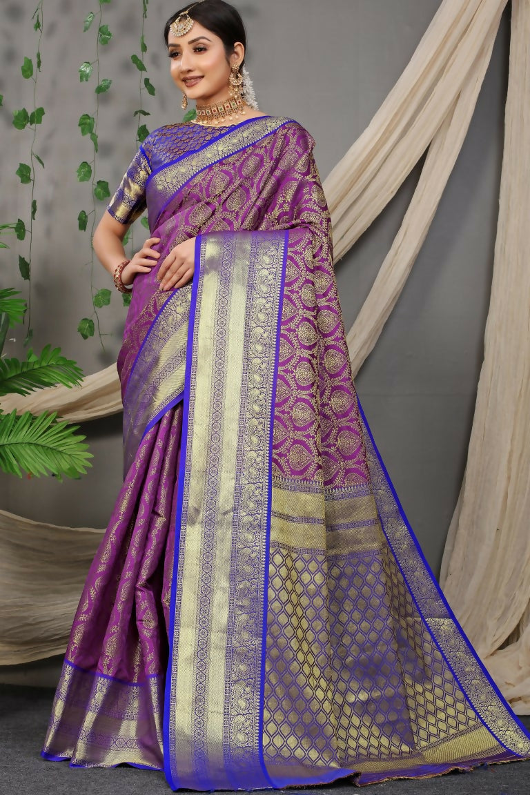 Jyoti Fashion Women's Purple Kanjivaram Silk Zari Woven Saree with Blouse