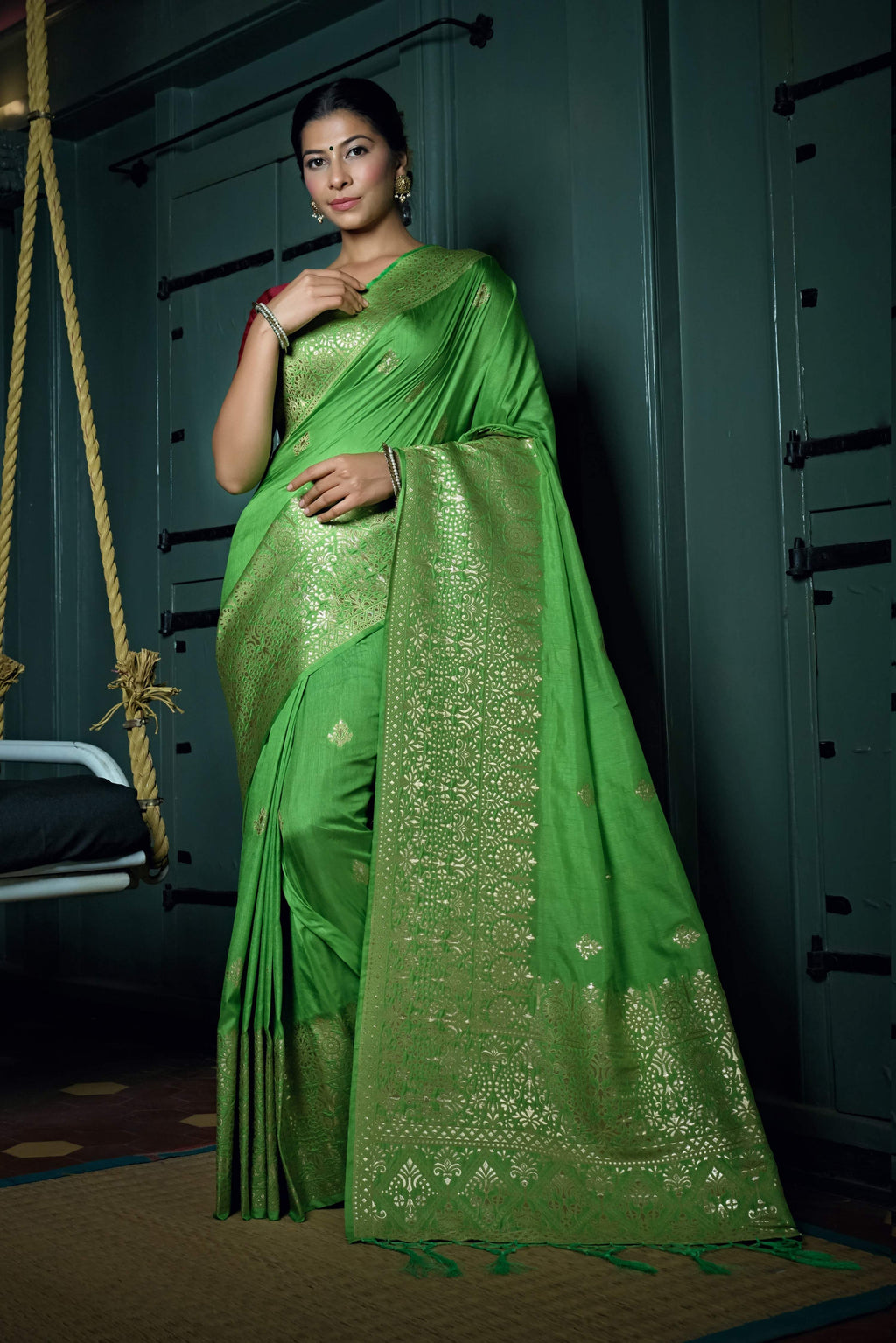 Vardha Slime Green Golden Zari Banarasi Silk Saree