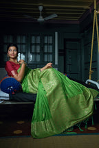 Vardha Slime Green Golden Zari Banarasi Silk Saree