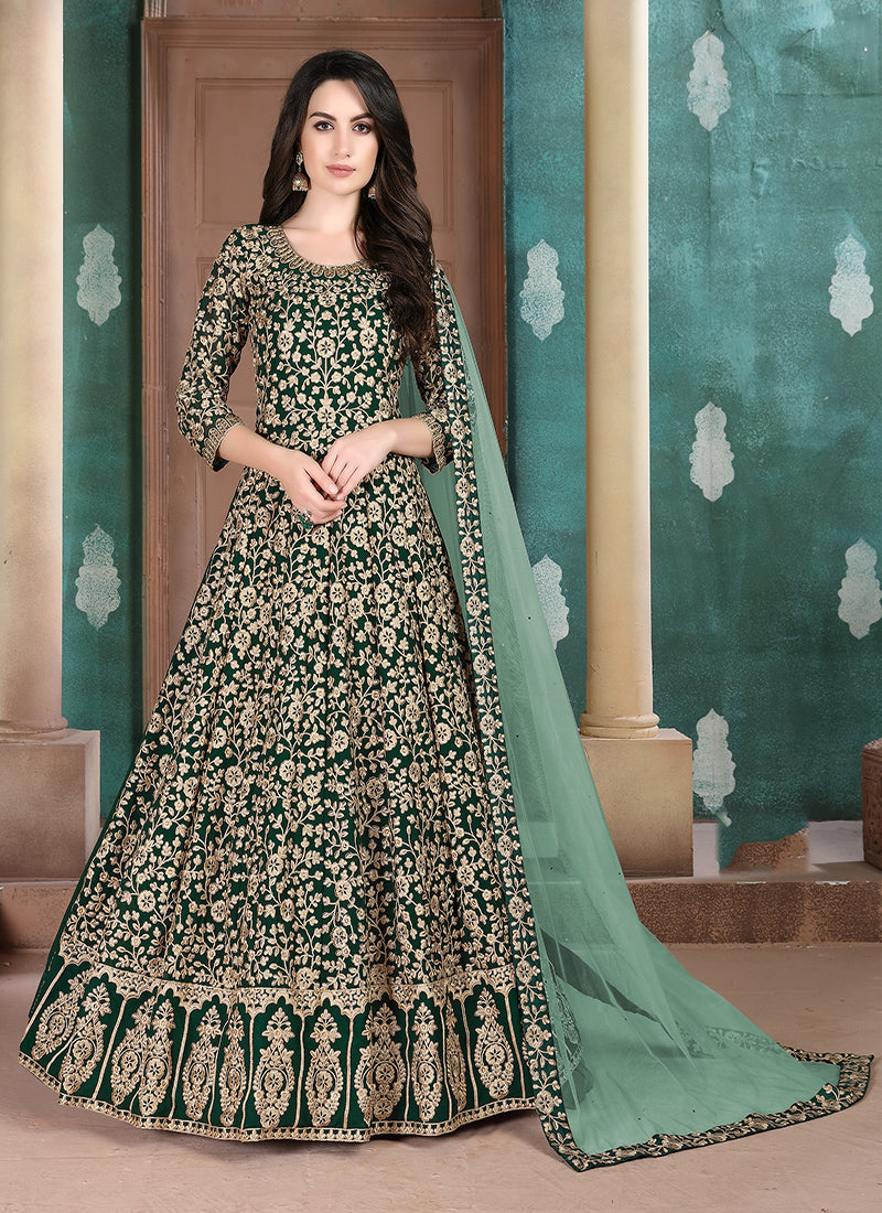 Monjolika Fashion Dark Green Georgette Embroidered Salwar Kameez - Distacart