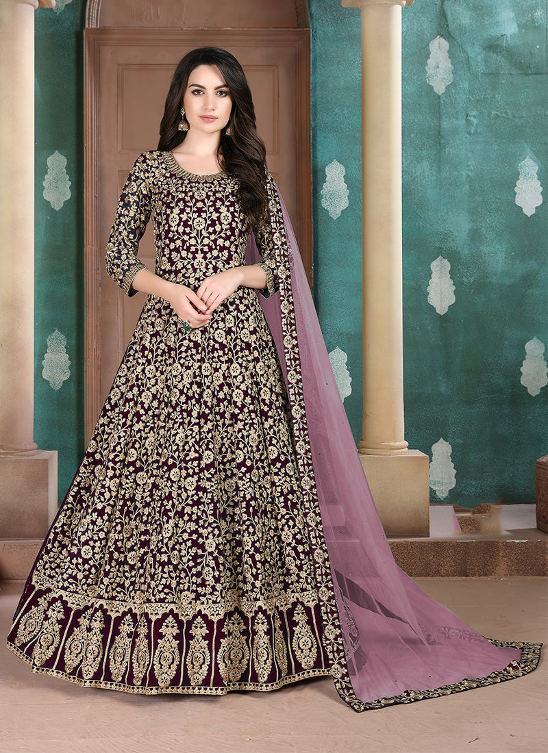 Monjolika Fashion Dark Purple Georgette Embroidered Salwar Kameez - Distacart