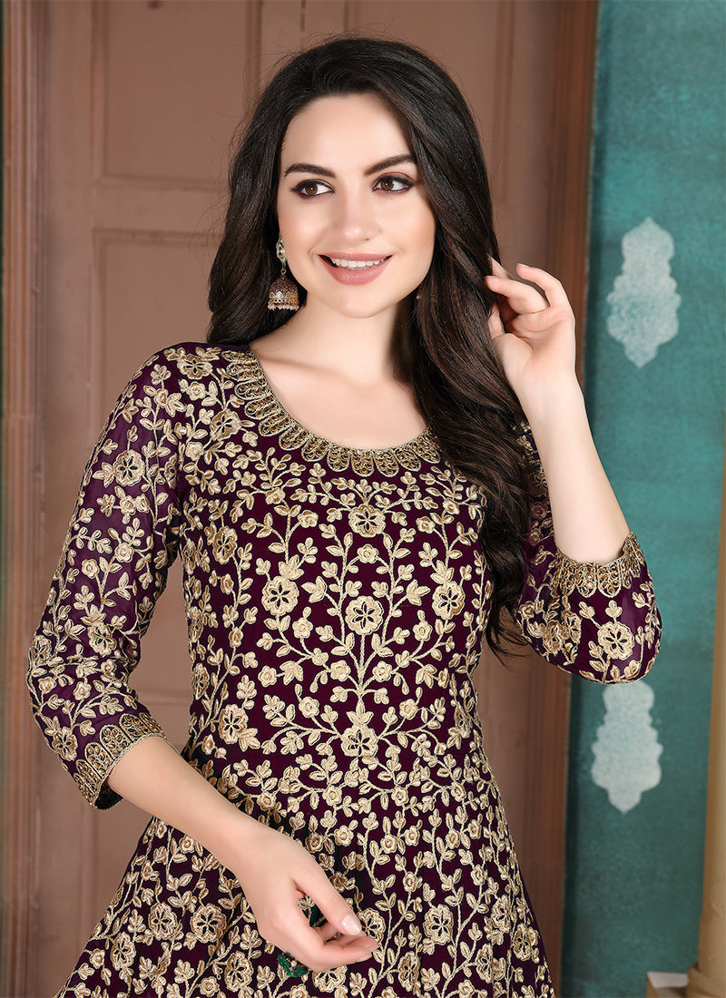 Monjolika Fashion Dark Purple Georgette Embroidered Salwar Kameez - Distacart