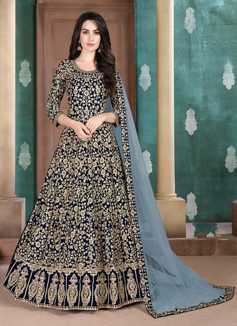 Monjolika Fashion Dark Blue Georgette Embroidered Salwar Kameez - Distacart