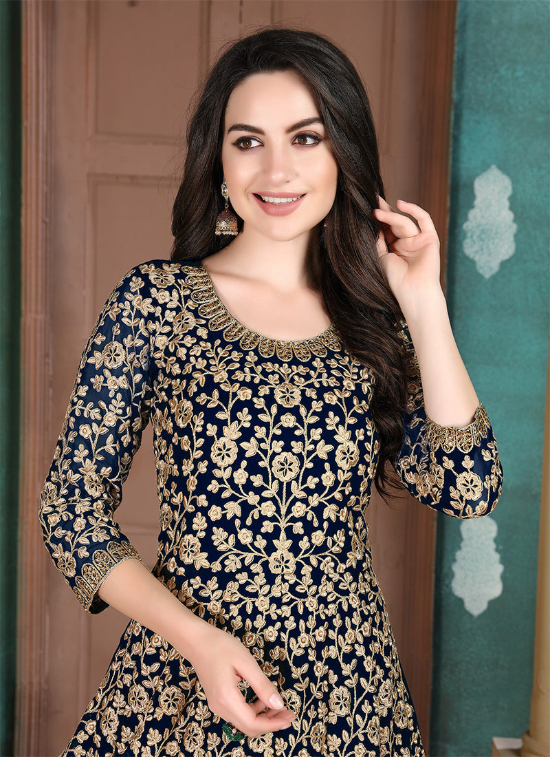 Monjolika Fashion Dark Blue Georgette Embroidered Salwar Kameez - Distacart