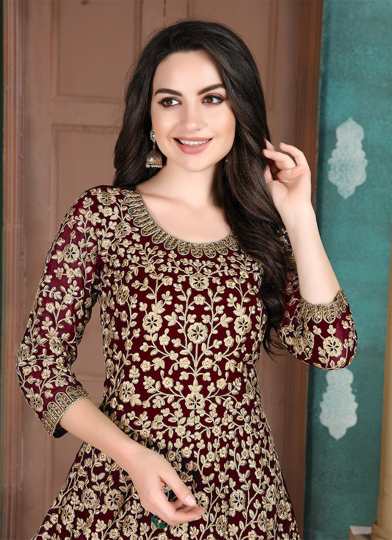 Monjolika Fashion Maroon Georgette Embroidered Salwar Kameez - Distacart