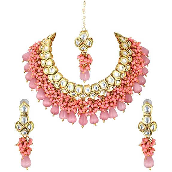 Tehzeeb Creations Meenakari Gold-Polished pentagon shape Uncut Kundan Necklace Set