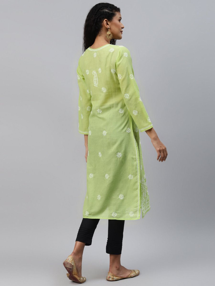 ADA Women Green & White Ethnic Motifs Chikankari Hand Embroidered Sustainable Kurta