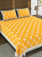 BLOCKS OF INDIA Yellow Ethnic Motifs Cotton 210 TC Super King Bedsheet & 2 Pillow Covers