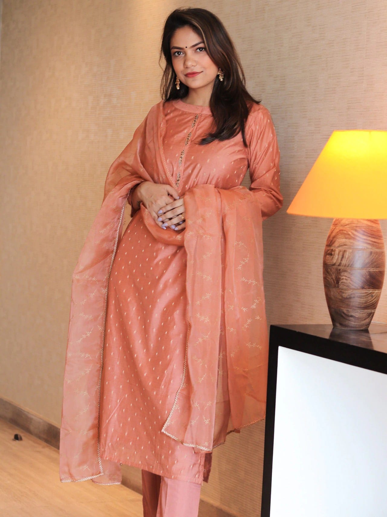 Janasya Peach-Coloured Self Design Kurta with Trousers & Dupatta - Distacart
