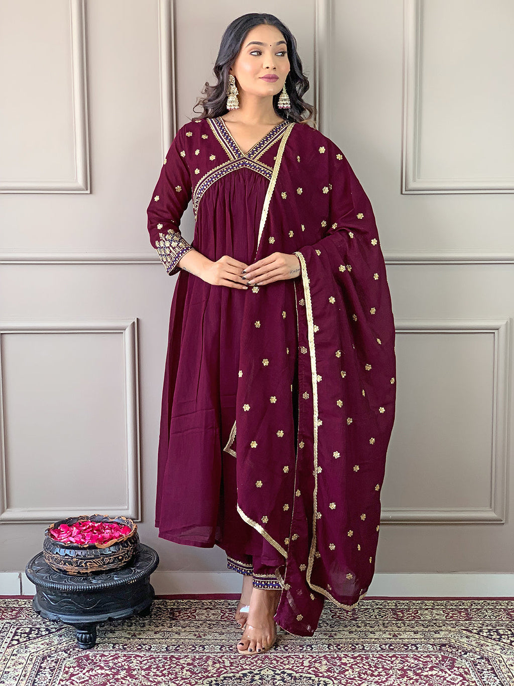 The52 Women's Vichitra Silk Fabric Alia Cut Kurta, Pant and Dupatta Set - Distacart