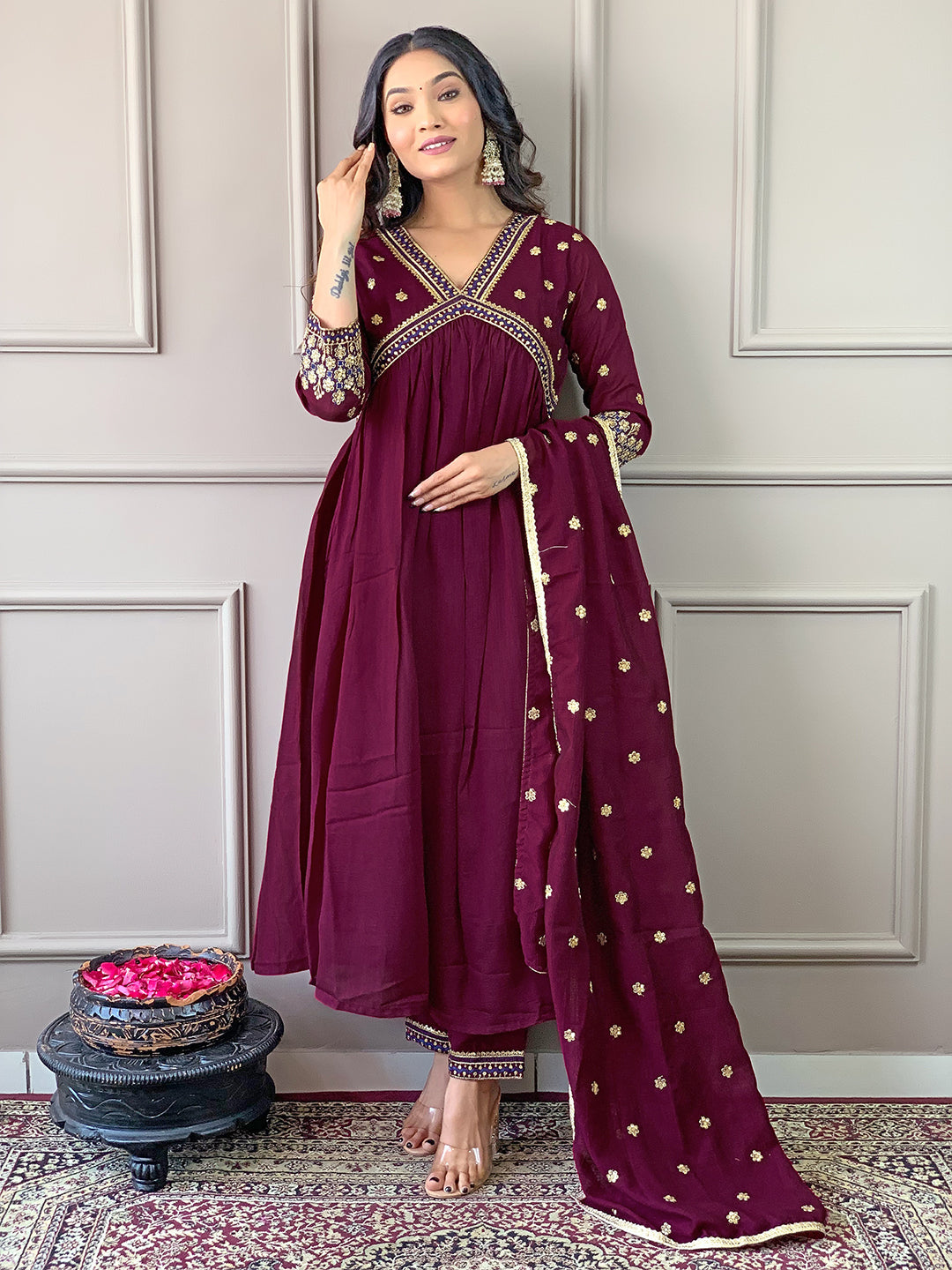The52 Women's Vichitra Silk Fabric Alia Cut Kurta, Pant and Dupatta Set - Distacart
