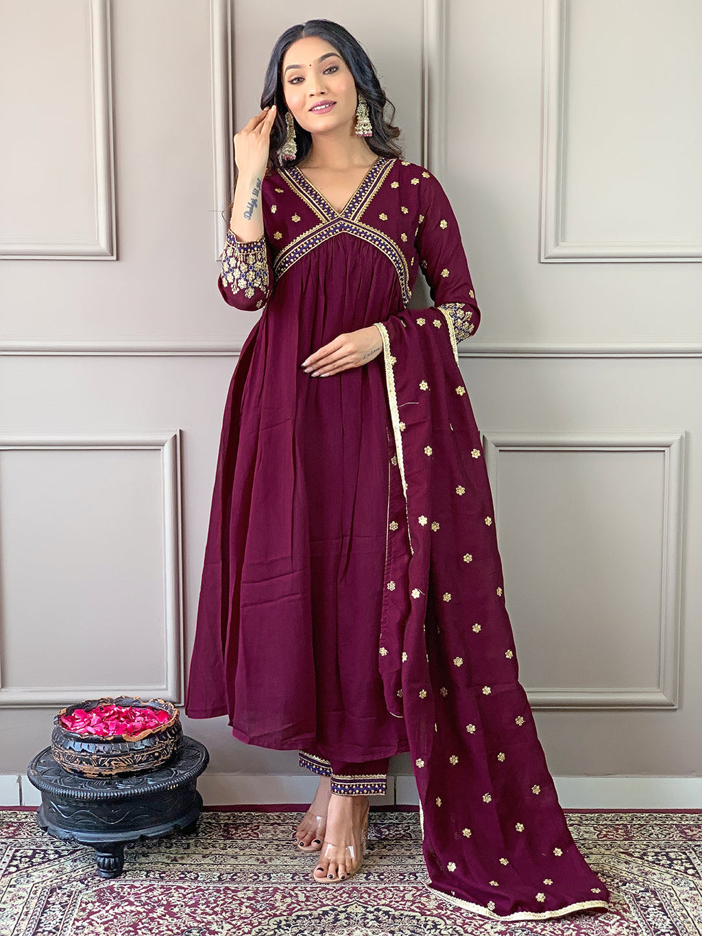 The52 Women's Vichitra Silk Fabric Alia Cut Kurta, Pant and Dupatta Set - Distacart
