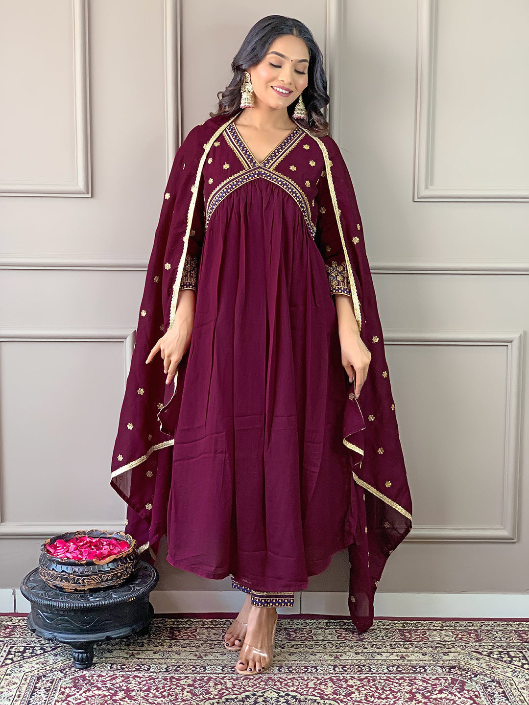 The52 Women's Vichitra Silk Fabric Alia Cut Kurta, Pant and Dupatta Set - Distacart