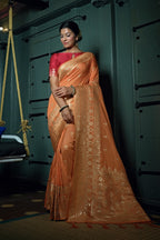 Vardha Coral Orange Golden Zari Banarasi Silk Saree