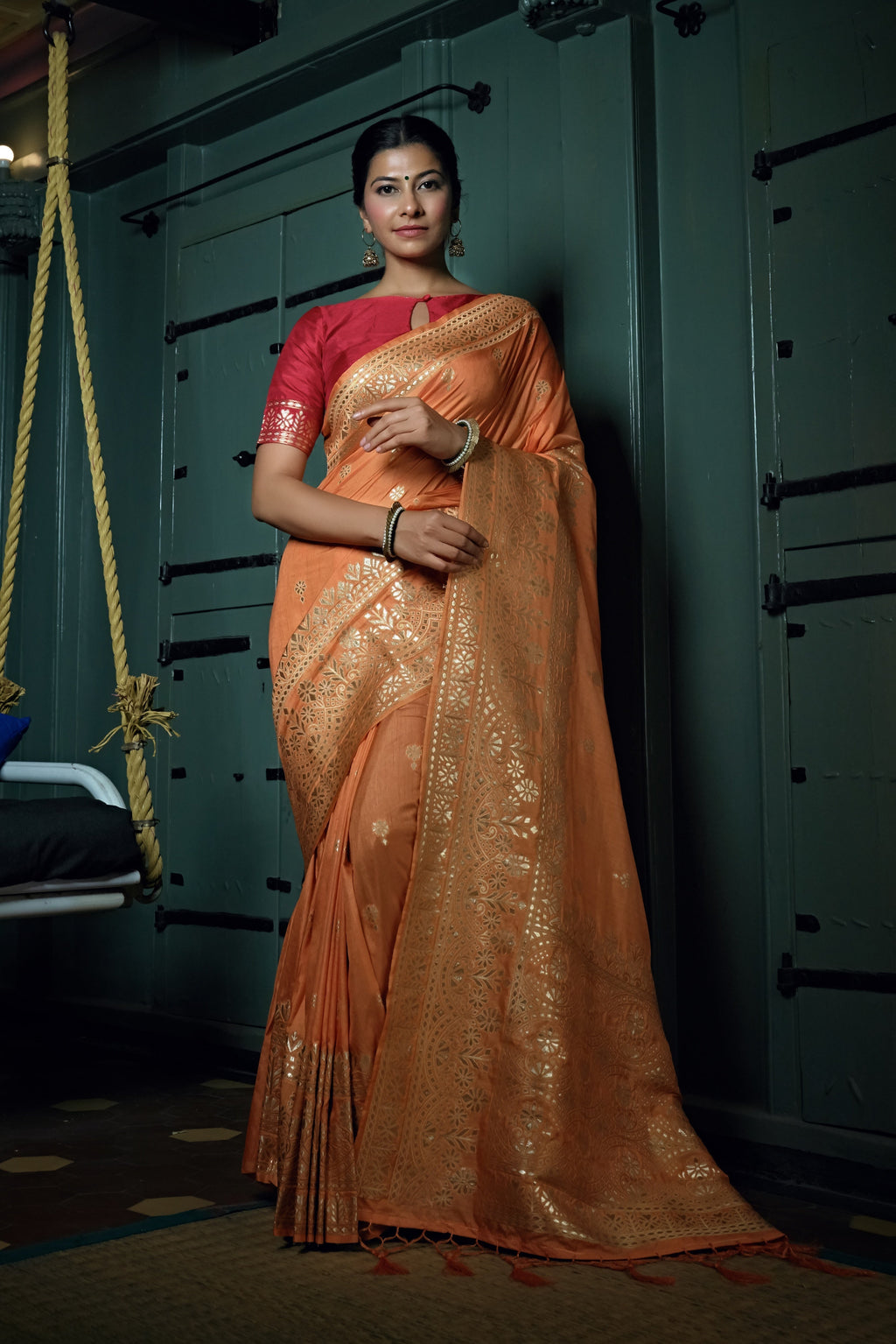 Vardha Coral Orange Golden Zari Banarasi Silk Saree