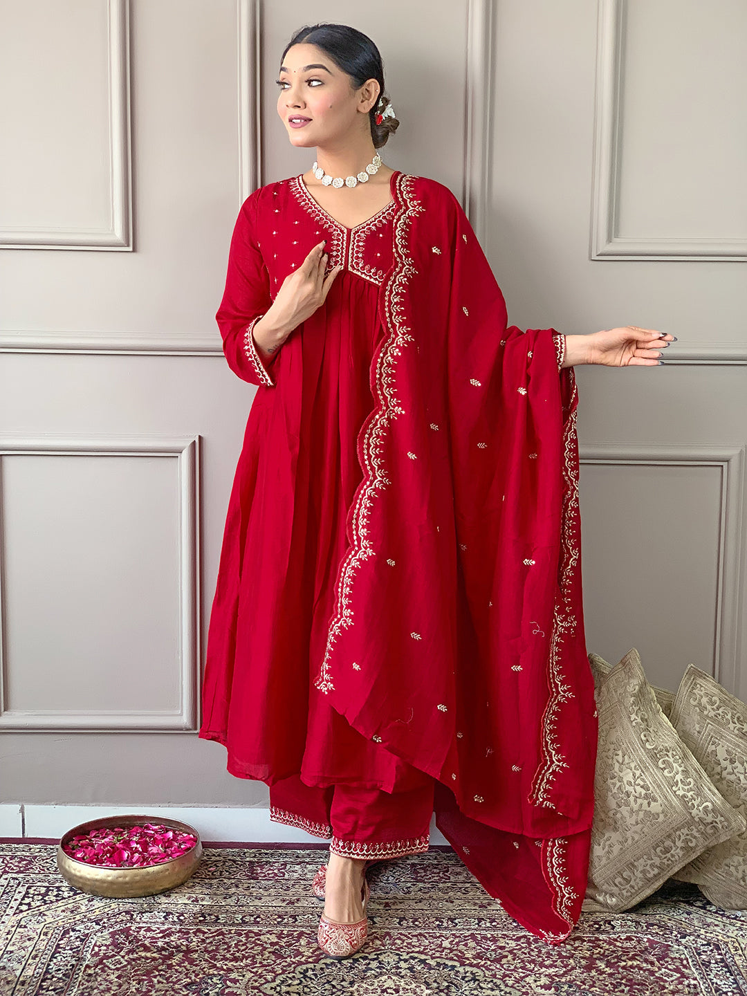 The52 Women's Vichitra Silk Fabric Alia Cut Kurta, Palazzo and Dupatta Set - Distacart