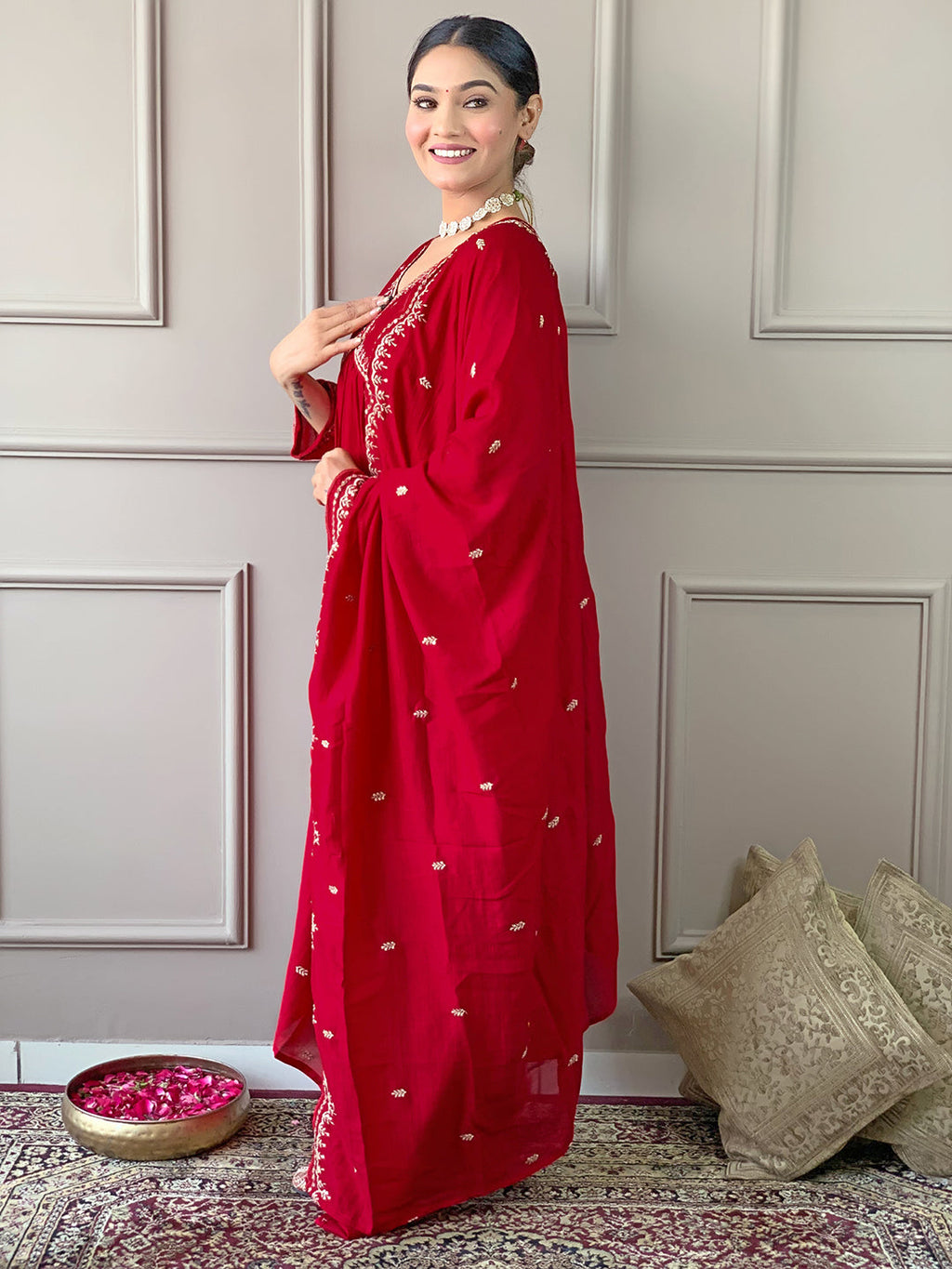 The52 Women's Vichitra Silk Fabric Alia Cut Kurta, Palazzo and Dupatta Set - Distacart