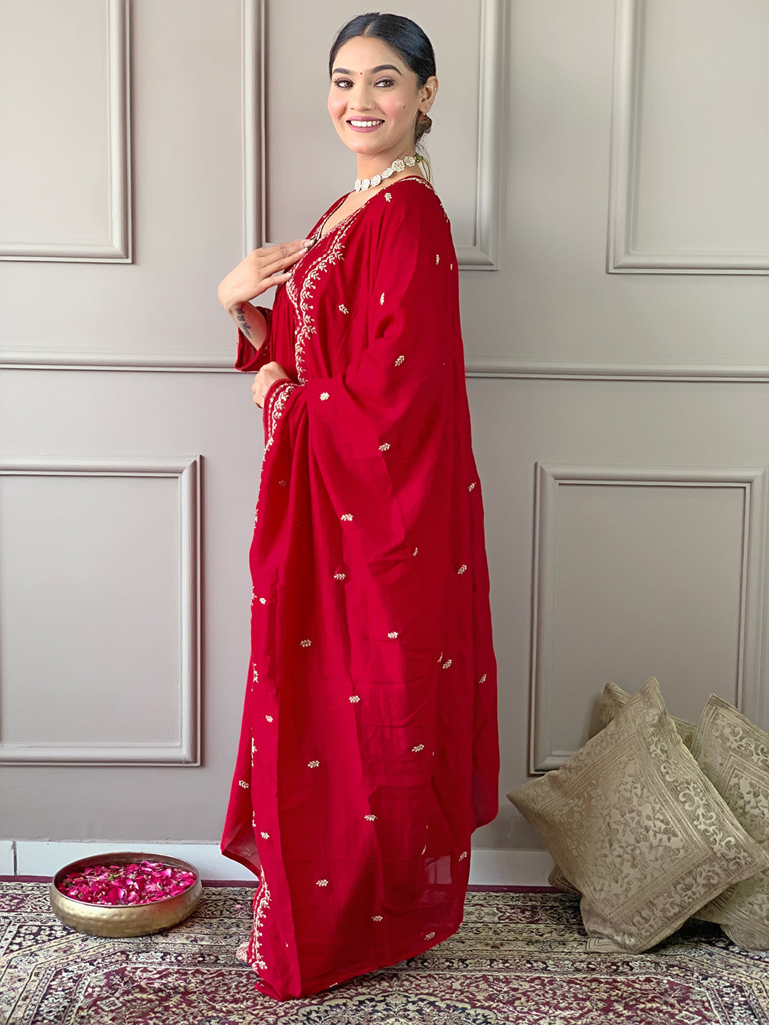 The52 Women's Vichitra Silk Fabric Alia Cut Kurta, Palazzo and Dupatta Set - Distacart