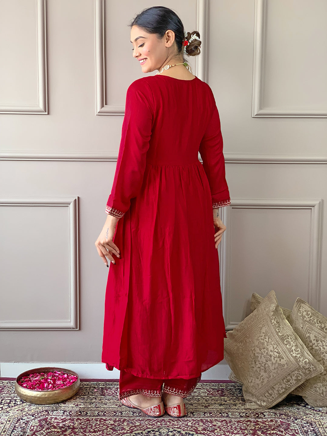 The52 Women's Vichitra Silk Fabric Alia Cut Kurta, Palazzo and Dupatta Set - Distacart