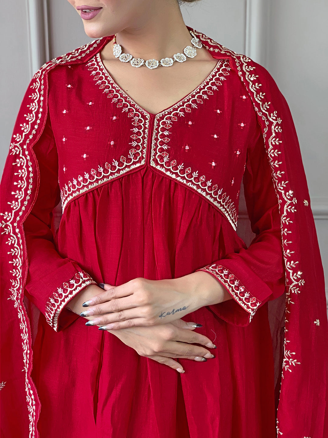 The52 Women's Vichitra Silk Fabric Alia Cut Kurta, Palazzo and Dupatta Set - Distacart