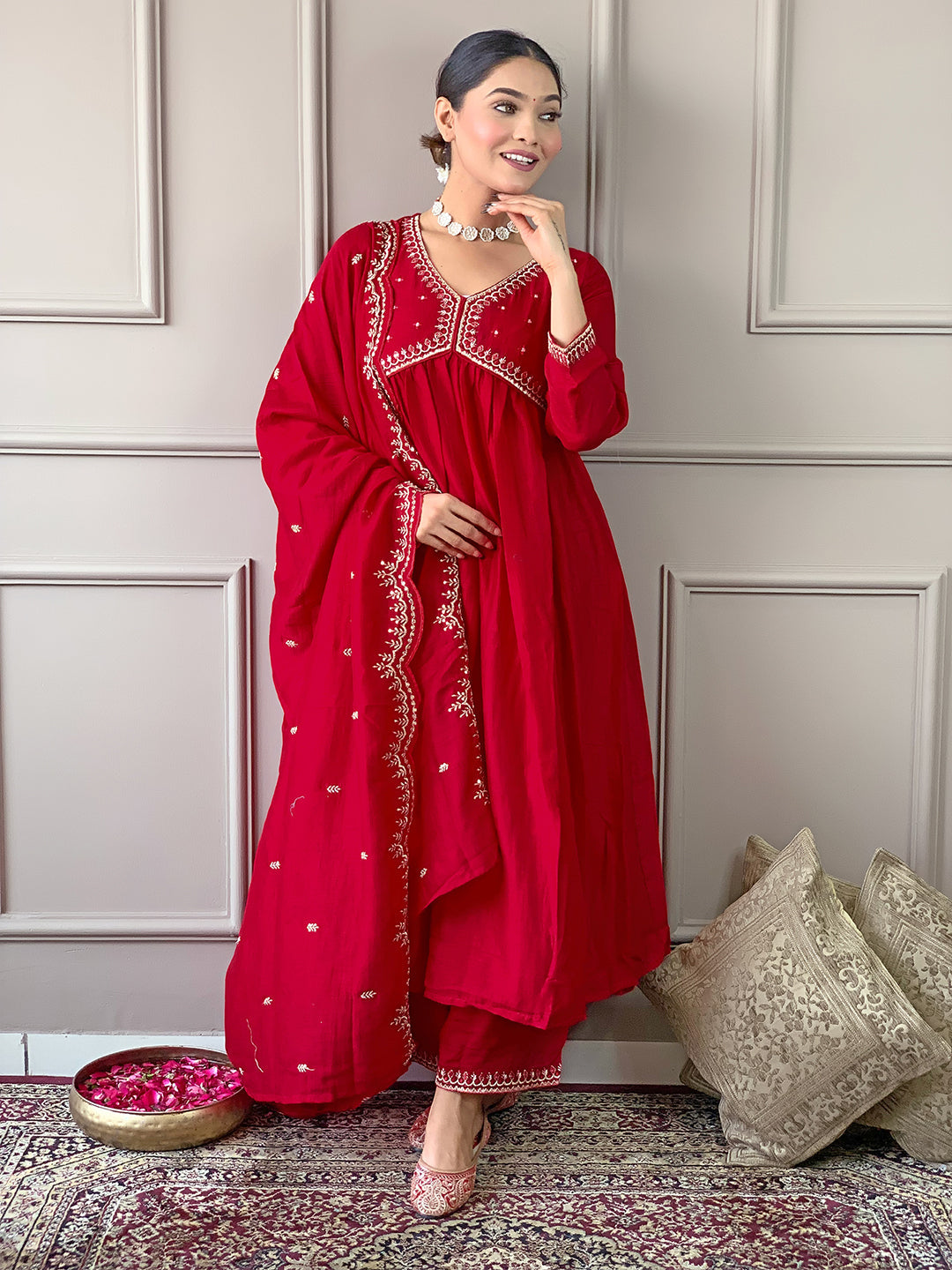 The52 Women's Vichitra Silk Fabric Alia Cut Kurta, Palazzo and Dupatta Set - Distacart