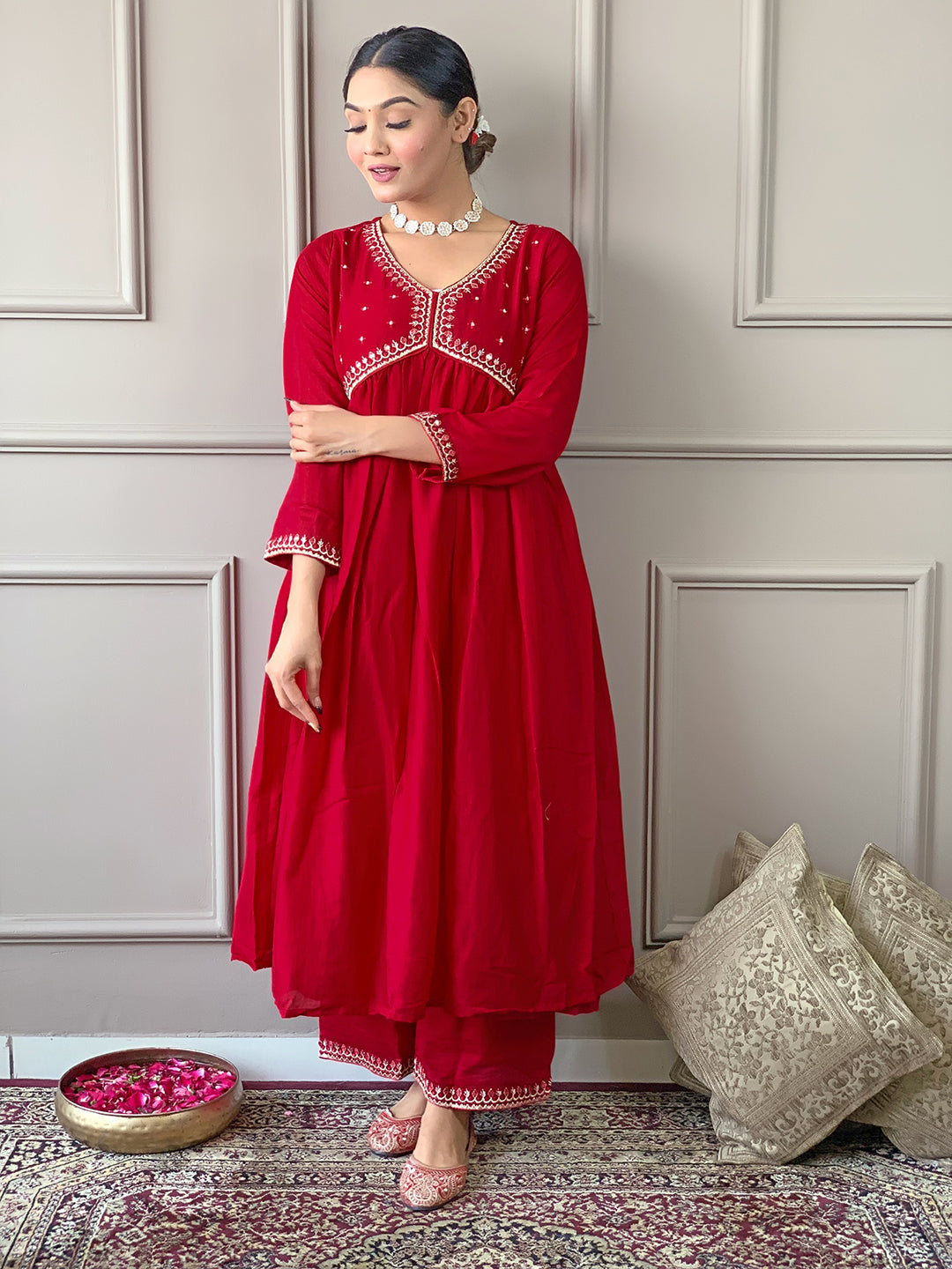 The52 Women's Vichitra Silk Fabric Alia Cut Kurta, Palazzo and Dupatta Set - Distacart