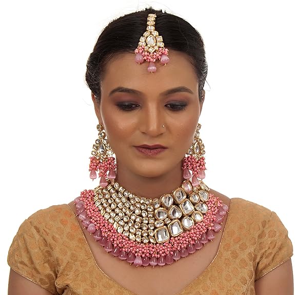 Tehzeeb Creations Meenakari Gold-Polished Pink color Uncut dibbi Kundan Combo Necklace Set